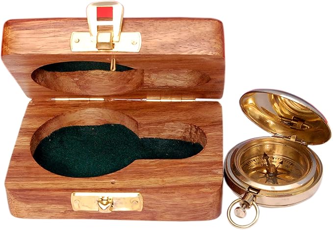Bazross Brass Nautical Compass with Wooden Case - Antique Brass & Copper Sun Clock for Camping, Hiking, Touring - Engraved Gift for Him - Nautical Clock - Compass Gift