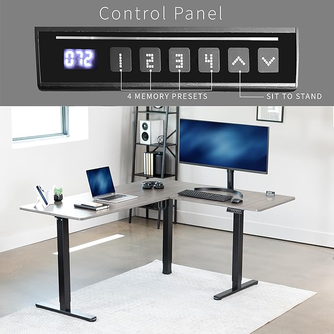 VIVO Electric Corner 63 x 55 inch L-Shaped Standing Desk, Memory Height Adjustment, Dark Gray Top Black Frame, DESK-E3CTG