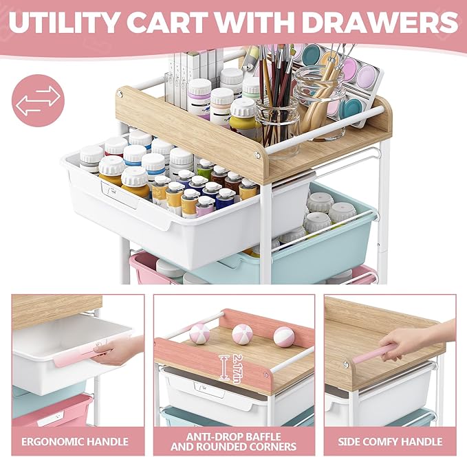 Rolling Storage Utility Cart With 4 Drawers,Kids Craft Art Cart,Makeup Organizer And Storage with Wooden Tabletop,Rainbow