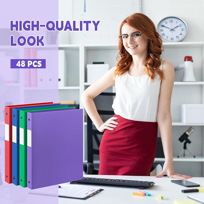 Henoyso 48 Pcs 3 Ring Binder 0.5 Inch Round Fits Letter Size 8.5'' x 11'' Paper Plastic Flexible Binder Holds 140 Sheets with 1 Pockets Versatile Organizer for Office School (Blue Green Purple Red)