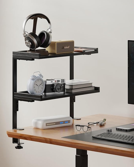 ART-GIFTREE Clamp On Desk Shelf 2-Tier, 16.5 in Wood Shelving Unit for Office Desk/Gaming Accessories, Tabletop Book Storage Rack, Shelf for Top of Desk, Black