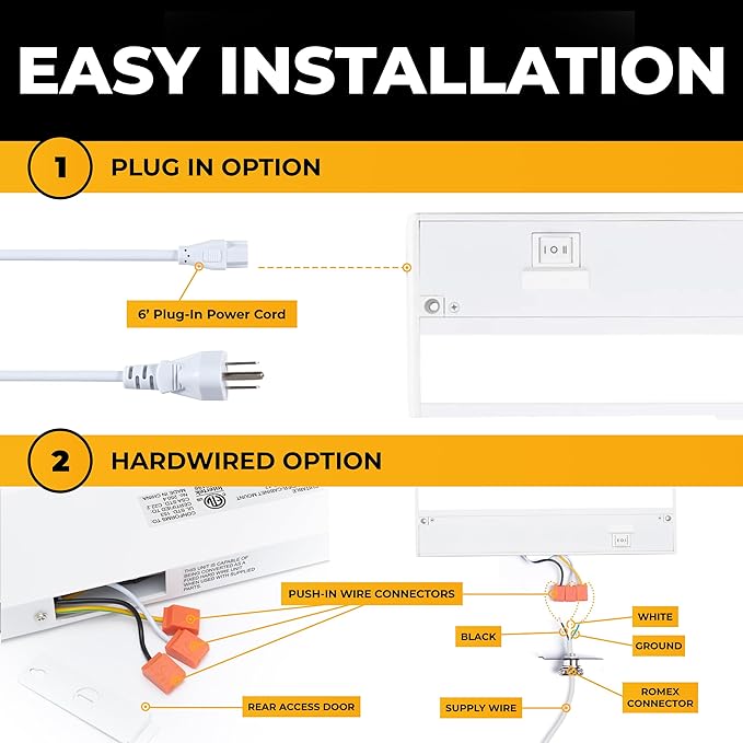 LED Under Cabinet Lighting Hardwired - 3CCT 12 Inch White Finish - Undercabinet Lights for Kitchen - Linkable Undercounter Dimmable Plug in Light or Hard Wired - Under Counter Fixture Direct Wire