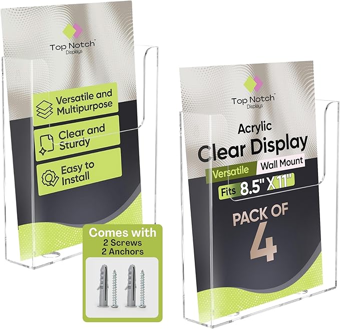 Top Notch Displays Acrylic Brochure Holder for Wall Mounting, Clear Display for 8.5" x 11" Flyers, Literature Holder for Magazines, Pamphlets, Menus, Includes Screws & Plastic Anchors – Pack of 4