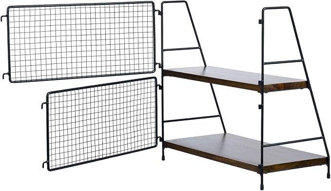 MyGift 2 Tier Premium Acacia Solid Wood Desk Shelf with Industrial Matte Black Metal Mesh Design, Rustic Wooden Desktop Office Supplies Storage Organizer