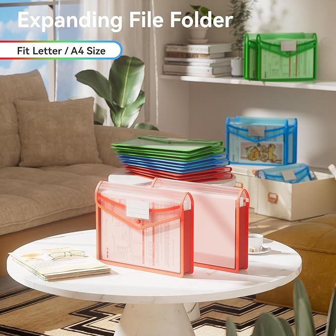 ABC life 6-Pack Plastic Expanding File Folder, Translucent Envelopes with Snap Closure, Large Capacity, Assorted Colors, Large Capacity, Fits Letter/A4 Size - RGB Color