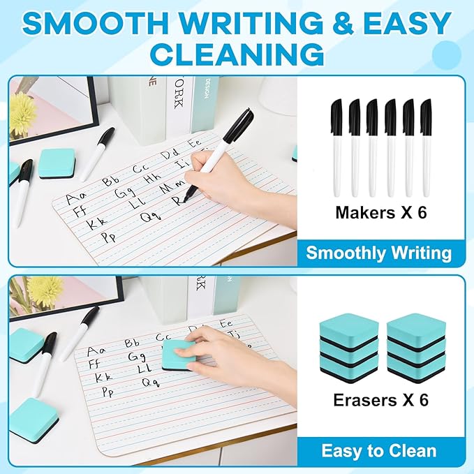 COYMOS 6 Pack Small White Board with Lines 9 x 12 Inch Double Sided Mini Dry Erase Board Classroom Pack Portable Dry Erase Lapboard for Kids Teacher Supplies with 6 Erasers and 6 Markers