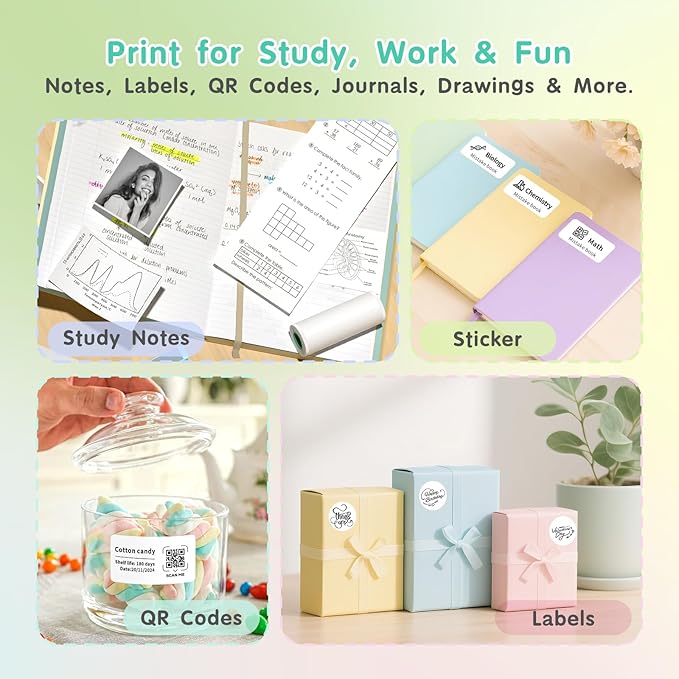 Gloryang JD-23 Sticker Printer, Mini Portable Thermal Printer Print Pod, Inkless Bluetooth Label Maker Machine for DIY Crafts, Journaling, Office & Home Use, Includes 2 Rolls Sticker Paper