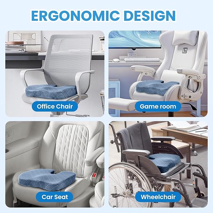 TushGuard Office/Car Seat Cushion, Non-Slip Sciatica & Back Coccyx Tailbone Pain Relief Chair Pad, Memory Foam Butt Pillow for Computer Desk, Wheelchair, Driving (Light Blue, XX-Large)