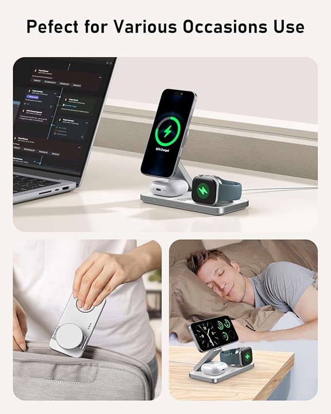VBA 3 in 1 Wireless Charging Station for Apple MagSafe Charger,Foldable Fast Charging Magnetic Wireless Charger Stand,Travel Charger for iPhone 17 Air 16 15 14 13 12,Apple Watch,AirPods Pro(White)