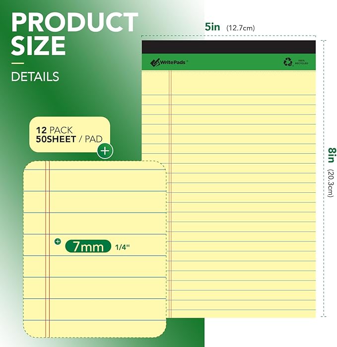 KAISA Yellow Legal Pads 12Pads Writing Pads Recycled Paper 5"x8" Norrow Ruled Lined Paper Small Legal pad Perforated 50 sheets/pad Notepads Writing Tablet Canary For Office Supplies (Canary 12pads)