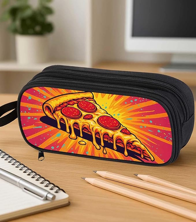 AnySmic Pizza Pencil Case for Boys Girls, Large Durable Pencil Pouch for Kids, Polyester Big Capacity Pen Case Gifts, Double Zipper, Food Single-sided Printed Bag Organizer