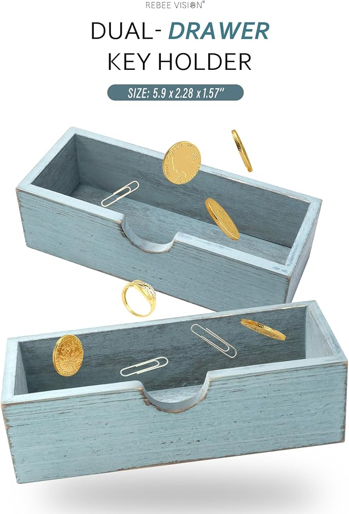 Rebee Vision Decorative Key Holder Wall Mount with 2 Drawer Organizer - Modern Mail Organizer with 6 Key Hooks & Shelf - Home Decor Aesthetic for Apartment Essentials (Distressed Blue)