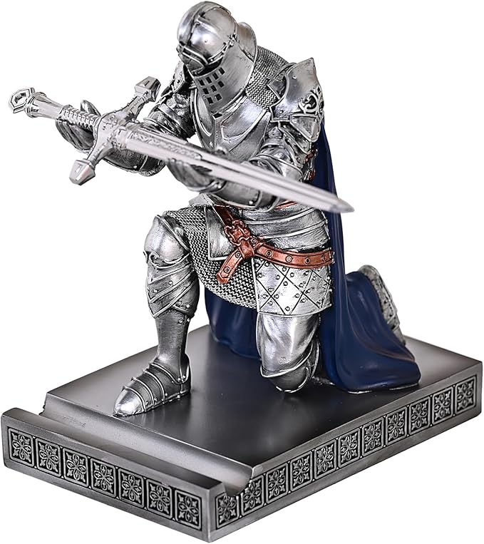 HDMbigmi King's Guard Leader Cloak Warrior Knight Pen Holder Mobile Phone Stand, Ornament Knight Statue, Pen Stand Paperweight for Office and Home (SilverBlue)