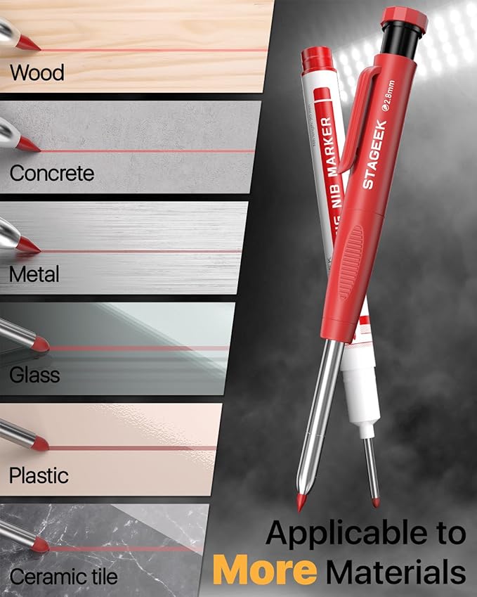 STAGEEK 2PCS Carpenter Pencils with Sharpener, Heavy Duty Woodworking Tools, Mechanical Pencil Set with 26 Refills, Deep Hole Long Nib Marker Pens for Architect Marking with Case (Black, Red)