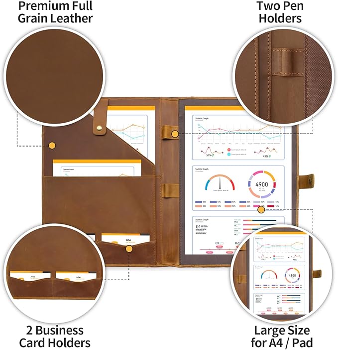 Jack&Chris Leather Portfolio, A4 Document Folder Legal Pad Padfolio, Professional Writing Letter Notepad Clipboard Sleeve Organizer, Resume Folio Binder for Men&Women,Brown