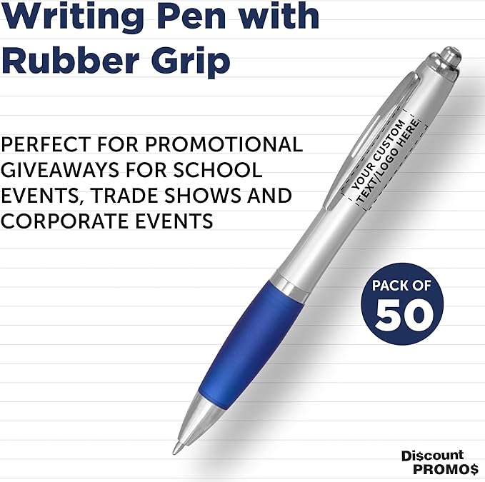 DISCOUNT PROMOS Personalized Ballpoint Pens With Rubber Grip, 50 pack Customizable Ergonomic Click-to-Write Custom Writing Pens for School with Black Ink, Blue