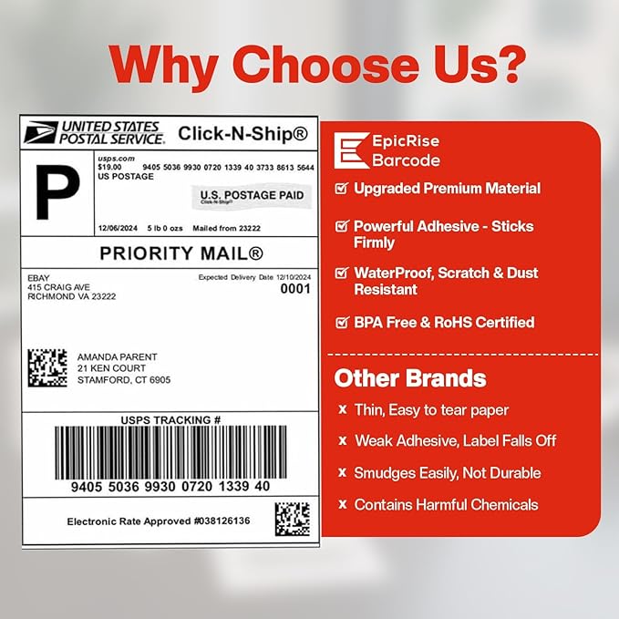 1 1/4” × 1”Direct Thermal Printer Labels, 10 Rolls, 13,800 Matte White Thermal Barcode Labels with Strong Adhesive, Compatible with Zebra & Eltron Printers (No Ink or Toner Needed)