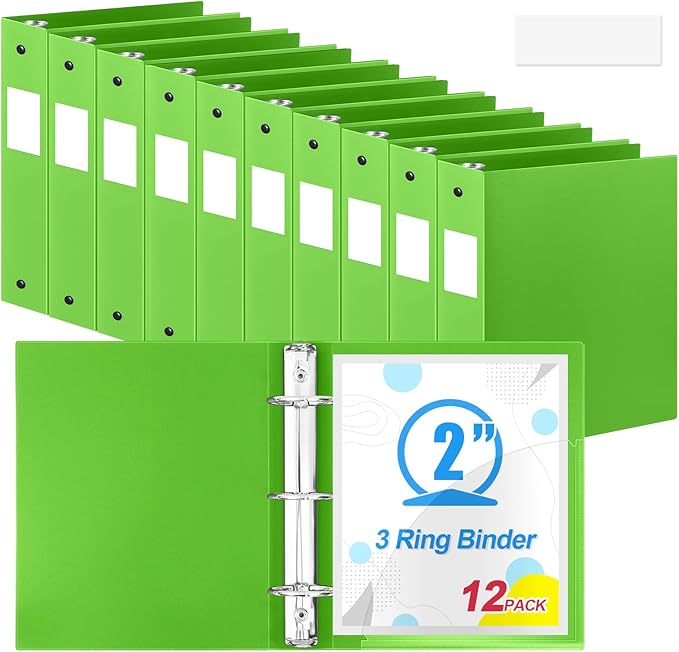 Henoyso 12 Pcs 3 Ring Binder 2 Inch Round Fits Letter Size 8.5'' x 11'' Paper Plastic Flexible Binder Bulk Holds 490 Sheets with 1 Pockets Versatile Organizer for Home Office School (Tender Green)