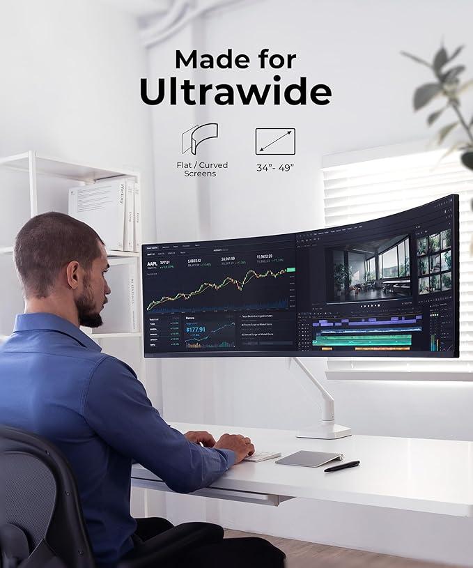 Modernsolid Heavy Duty Monitor Arm Desk Mount for 34-49 Inch Ultrawide Curved Monitors, Supports 14-38 lbs, Gas Spring Ergonomic Full Motion with Cable Management, Red Dot Design Awarded, White