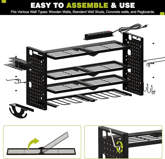 NattyDot Power Tool Organizer Wall Mount with Charging Station 4 Layer 6 Slot Cordless Drill Holder with Angle Grinder Holder (Black)