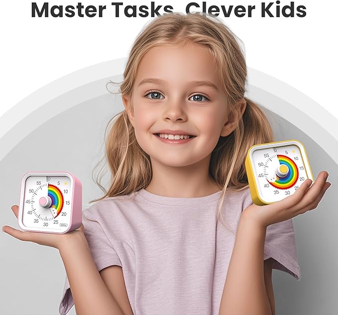 Visual Timer for Kids with Pause Function, Cute Silent Timer with Rainbow for Classroom, Teaching, Task, Kitchen, 60 Minute Countdown Time Management for ADHD (Rainbow Yellow)