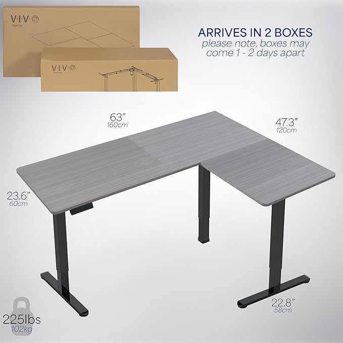 VIVO Electric Corner 63 x 47 inch L-Shaped Standing Desk, Memory Height Adjustment, Dark Gray Top Black Frame, DESK-E3CTG-47