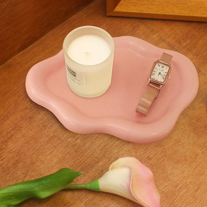 CCINPPY Ceramic Jewelry Tray Trinket Dish, Decorative Cloud Vanity Key Tray for Women, Ring Holder Dish, Cute Jewelry Plate Bowl Room Decor Aesthetic, Pink, Medium