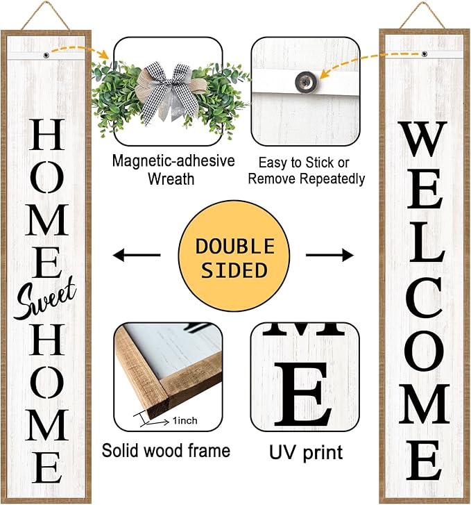 Double-sided Welcome Wooden Sign Stand with Magnetic-adhesive Wreath for Front Door, 47" Vertical Farmhouse Home Sweet Home Porch Sign for Outdoor Patio Garden, 2in1 Large Tall Porch Leaner Decor