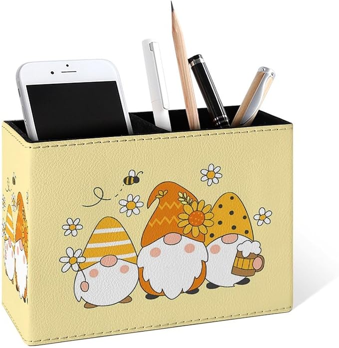 Famame Cute Sunflower Bee Gnomes Pencil Holder for Desk, Leather Desktop Container Pen Cup Storage Study Table Pen Organizer Makeup Brushes Holder for Office Home