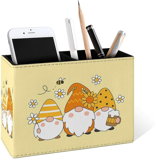 Famame Cute Sunflower Bee Gnomes Pencil Holder for Desk, Leather Desktop Container Pen Cup Storage Study Table Pen Organizer Makeup Brushes Holder for Office Home