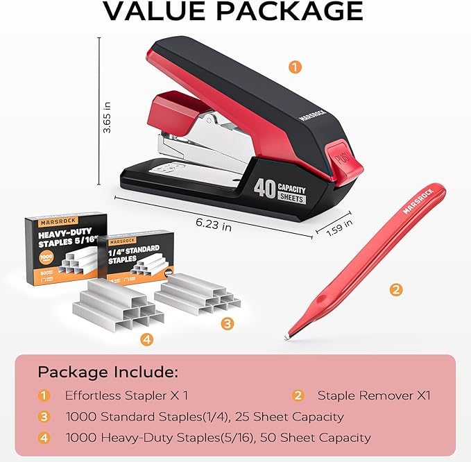 MARSROCK Effortless Stapler for Desk with 40-50 Sheet Capacity, 2000 Staples, 1-Touch Stapling, Ergonomic & Easy to Load Desktop Staplers, Heavy Duty Stapler, and Magnetic Staple Remover, Red