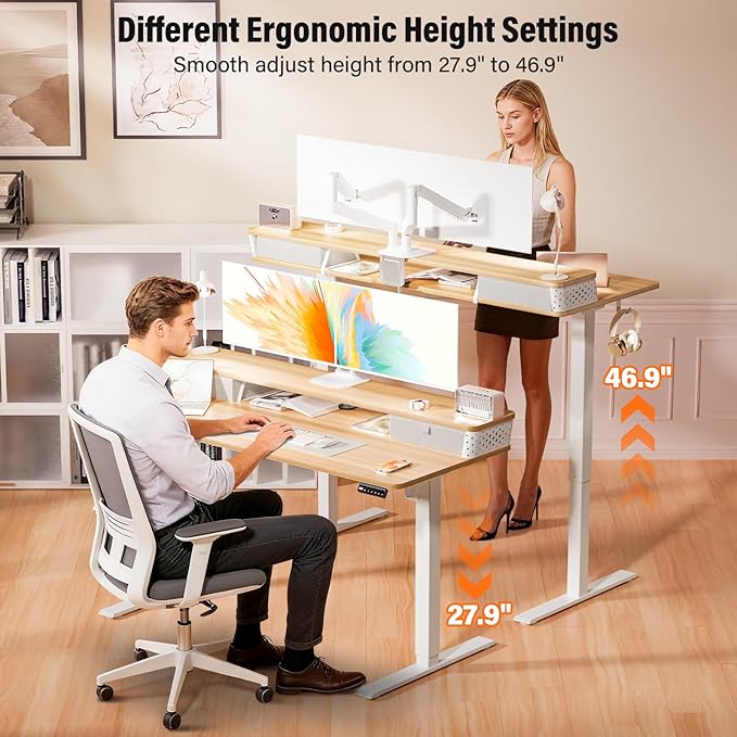 Kingant 55 x 24 Inch Electric Standing Desk with Dual Drawers, Height Adjustable Sit to Stand Computer Desk with Storage Shelf and C-Clamp Mount Compatibility for Home Office, Nature