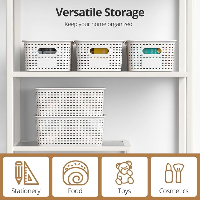 ZFTMRR Plastic Storage Basket with Lid, Stackable Small Box Bins for Organizing and Containers for Shelves Drawers Desktop Closet Playroom Pantry Classroom Office Home, 8 Pack 10.2x7.2x4.1 Inch, White