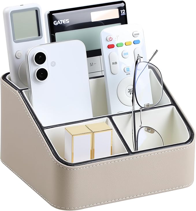 MEIBOOCH Remote Control Holder, PU Leather Small Desk Organizer with 4 Compartments, Nightstand Organizer Desk Caddy for Remote, Notepad, Phone, Glasses, and Accessories (Beige)