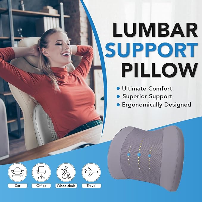 Lofty Aim Lumbar Support Pillow for Car, Memory Foam Lumbar Pillow for Lower Back Pain Relief - Back Cushion for Driving, Chair Support for Car-Office Chair, Wheelchair - Gray