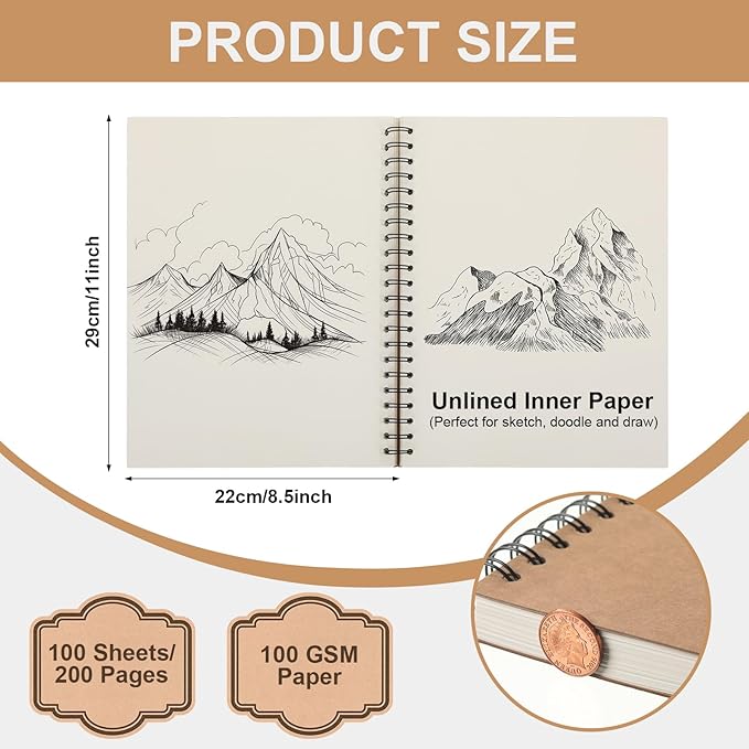PerKoop 6 Pcs 8.5"x11" Spiral Sketch Pad A4 Large 100 Sheet Blank Notebook Sketch Pads 60lbs (100gsm) Xmas Gifts Sketching Drawing Pad Journals Art Sketchbook for Teachers Students Kids