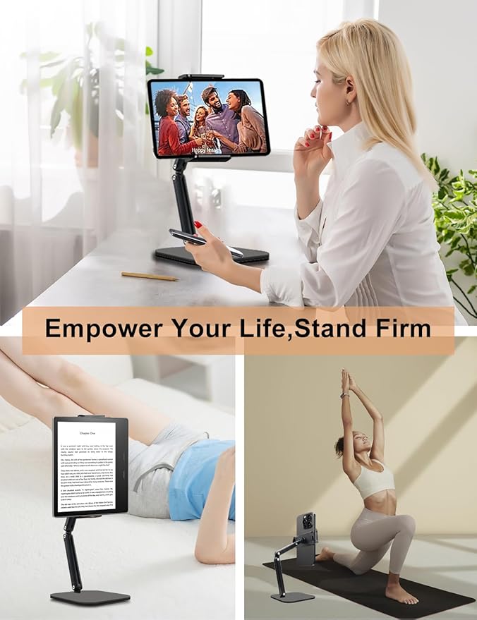 Tablet Stand for iPad, Aluminum Multi-Angle Adjustable Tablet Holder, Heavy-Duty Metal Base for Desk, Compatible with 5.1''-13'' iPad Pro, Surface, Kindle, Tablets, Portable Monitors and More