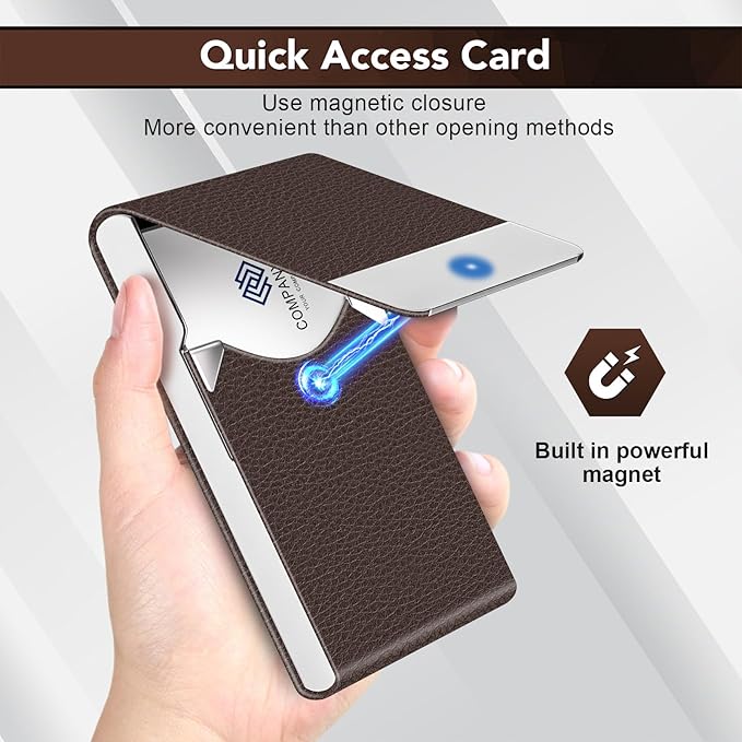 DMFLY Business Card Holder with Ultra Slim Design, Business Card Case with Premium PU Leather, Suit Pocket Metal Card Holder for Women/Men, Magnetic Closure Quick Access Cards