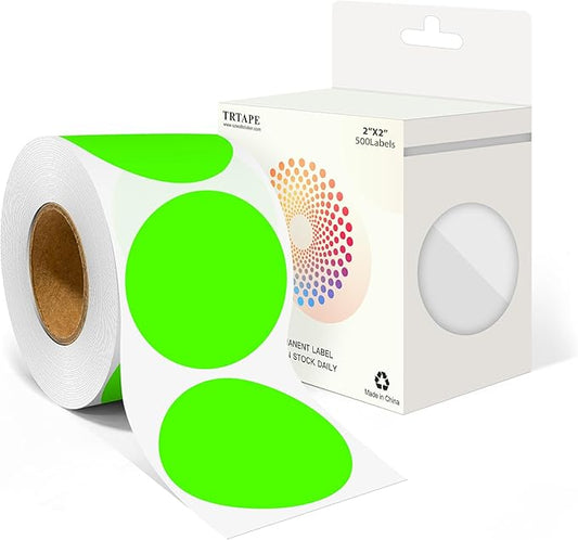 2 Inch Round Color Coding Labels (500 Count) - Fluorescent Green Dot Stickers Circle Labels with Dispenser Box for Warehouse, Filing, Industrial, Office Organization