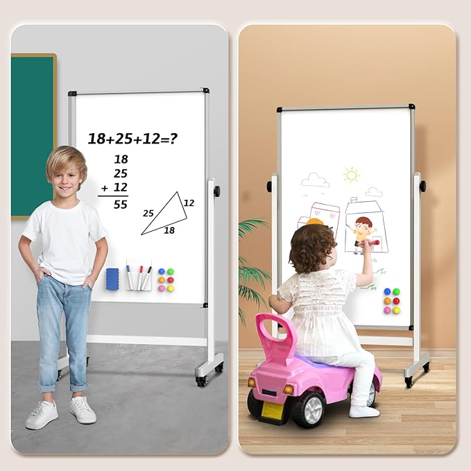 UIFER Rolling Whiteboard, 44 x 26 Double Sided Magnetic Dry Erase Board Height Adjustable Whiteboard on Wheels with Sturdy Aluminum Frame for Home Office Classroom