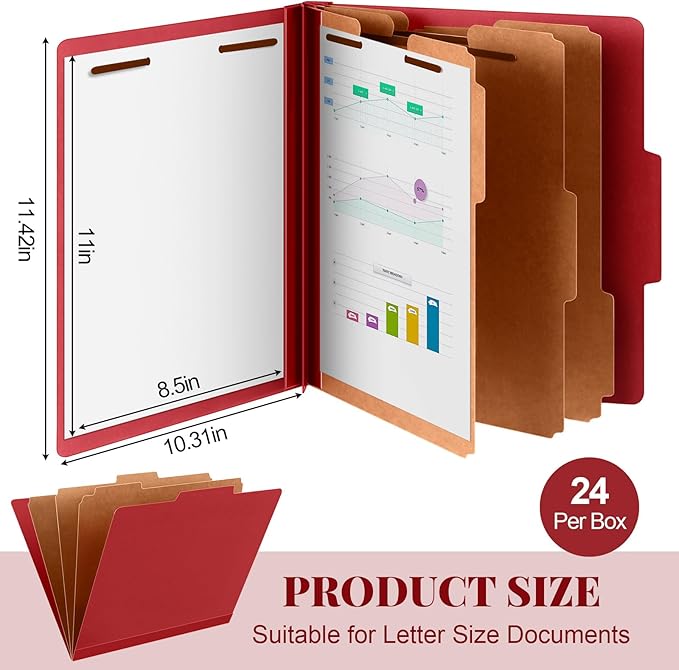 Skyygemm 24 Pcs Classification Folders Letter Size, 3 Divider Pressboard File Folder with Fasteners, Expanding File Organizer Bulk for School Teachers, Office Employee, Coworker, Staff (Red)