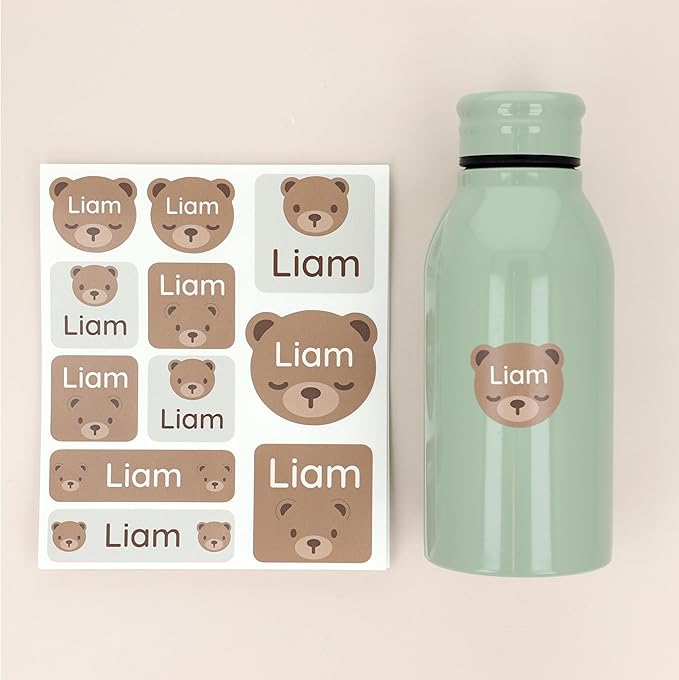 Large Name Labels for Kids (33) - Custom Stickers for Daycare and School Supplies - Durable, Waterproof Stickers for Water Bottles, Lunch Boxes, and More with Unique Designs - Bear