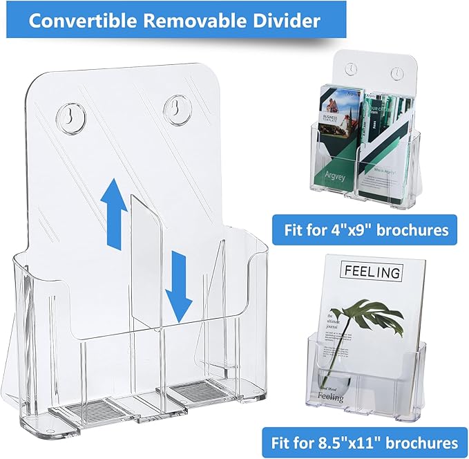 Argvey Acrylic Brochure Holder 8.5 x 11 inches, 2 Pack Clear Brochure Display Stand with Removable Divider for Trifold 4 Inches Wide Pamphlet, Plastic Flyer Holder for Magazine, Literature, Booklet