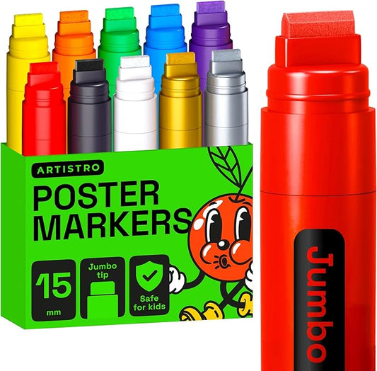 ARTISTRO Poster Markers Jumbo Set Acrylic Markers with 15mm Wide Jumbo Tip for Murals, Tagging, Posters - Large for Rock, Wood, Plastic, Leather, Metal, Fabric, Ceramic
