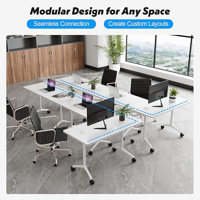 Goakwwuz Conference Room Table, Folding Conference Tables,Thicken Grey Tabletop,Flip Top Wooden Seminar Meeting Room Table for Conference Room Offices (8, White, 70.8”)