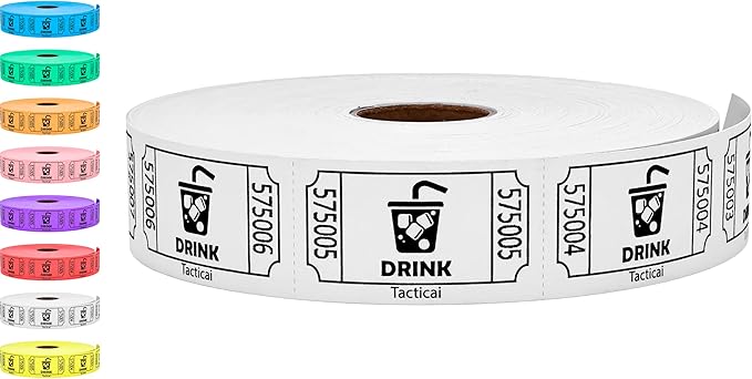 Tacticai 1000 Raffle Tickets, Drink, White (1 of 8 Colors), Single Roll for Events, Entry, Class Reward, Fundraiser & Prizes