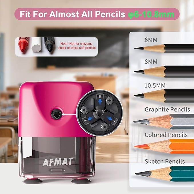 AFMAT Electric Pencil Sharpener, Cordless & Rechargeable, Heavy Duty Classroom Pencil Sharpeners for 6-11 mm Pencils, Auto Stop, 2s Fast Sharpening, Battery Powered, 10,000 Sharpenings, Pink, PSD3