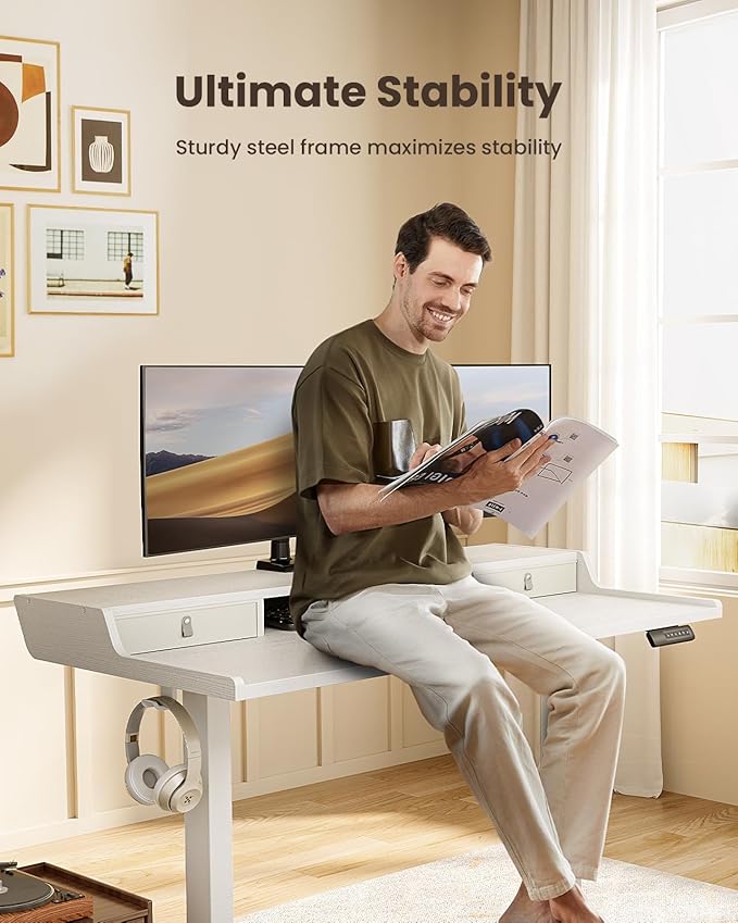 ErGear Electric Standing Desk with Drawers, 55″ x 28″ Gaming Table Compatible Monitor Stand, Stand up Desks, Home Office Height-Adjustable Desk with Storage Shelf, 4 Preset Heights, White