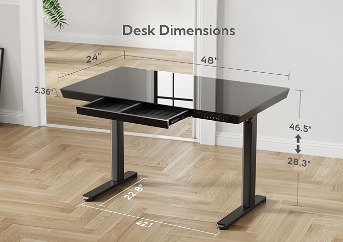 Claiks Glass Standing Desk with Drawers, 48×24 Inch Adjustable Stand Up Desk, Quick Install Home Office Computer with USB Ports, Black