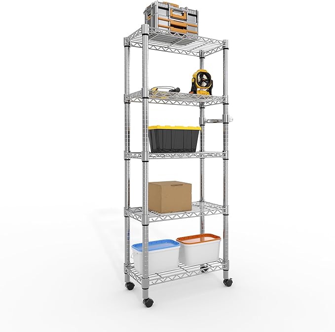 Metal Storage Shelves 5 Tier with Wheels, 1100 LBS Adjustable Wire Shelving Rack Shelves Units with Side Handle for Hanging, Rolling Shelf Organizer for Kitchen Garage, 11.8" W x 23.6" D x 61"H,Silver